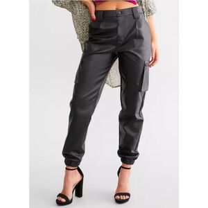 Kancan Black Faux Leather Cargo High Rise Joggers Size 11/29